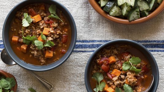 turkey chili with cucumber sumac salad