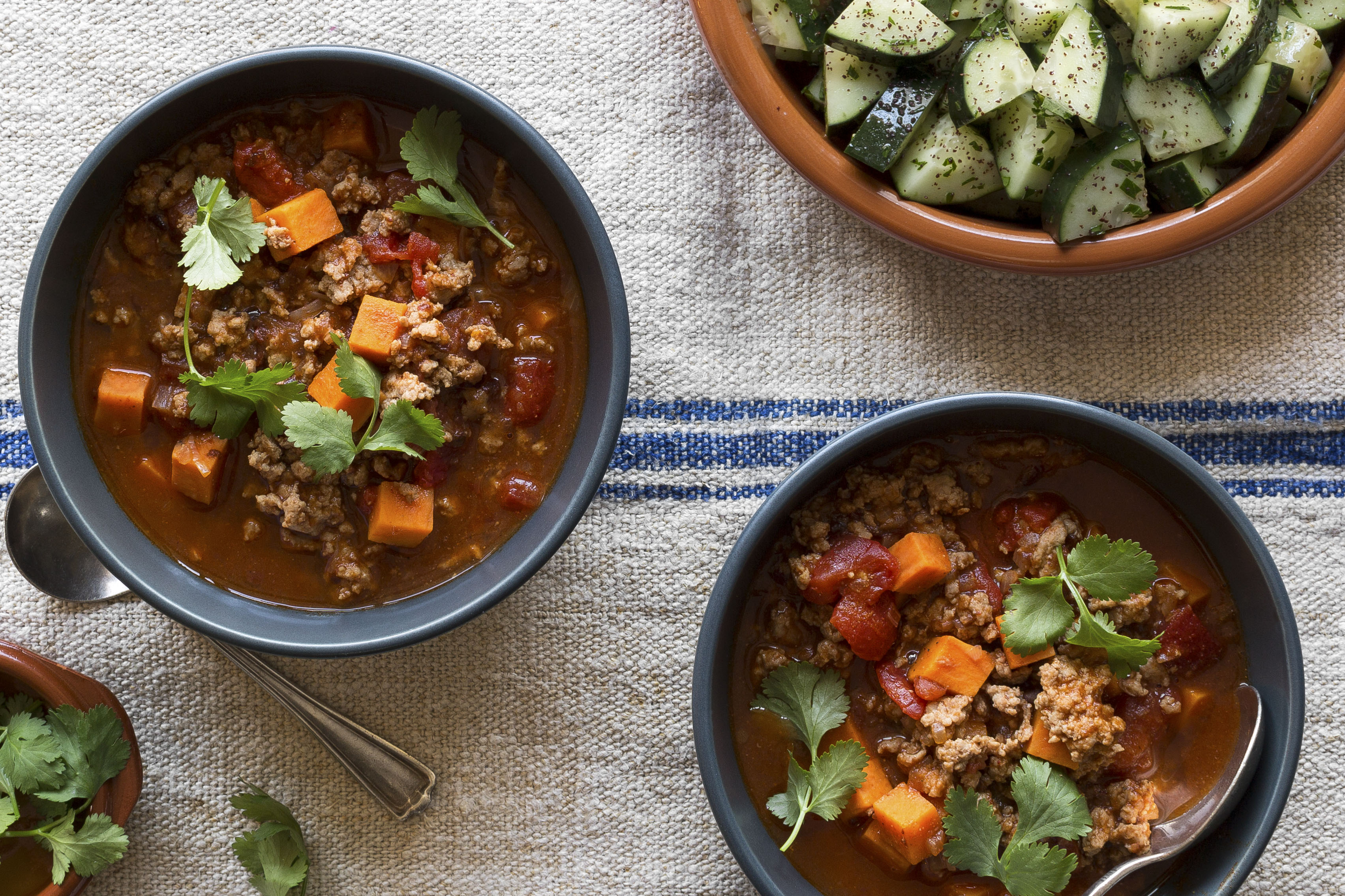 turkey chili with cucumber sumac salad