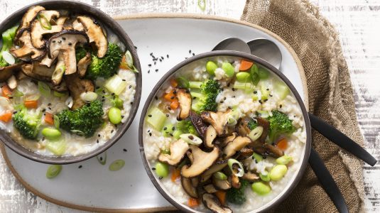 brown rice congee with edamame and mushrooms