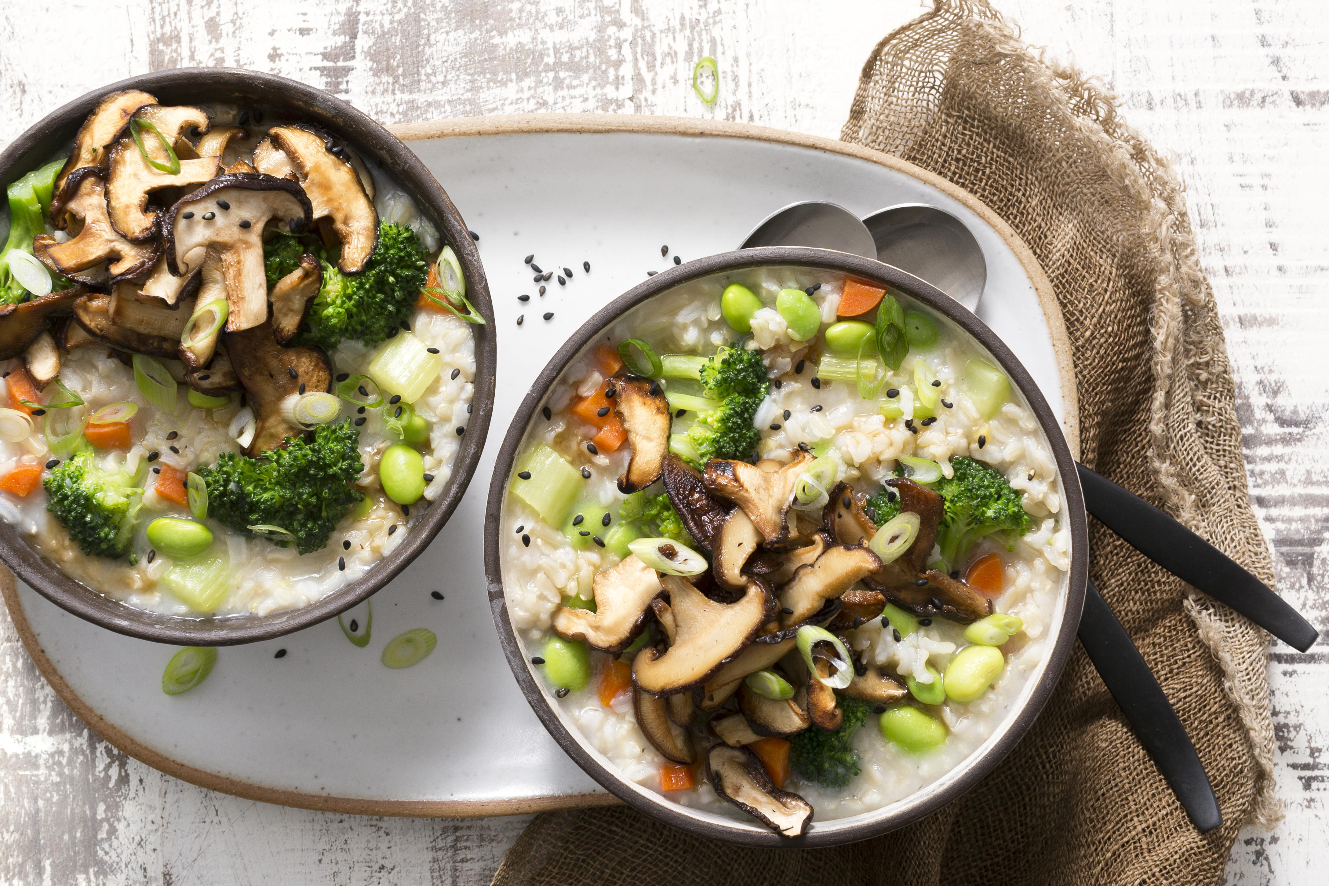 brown rice congee with edamame and mushrooms