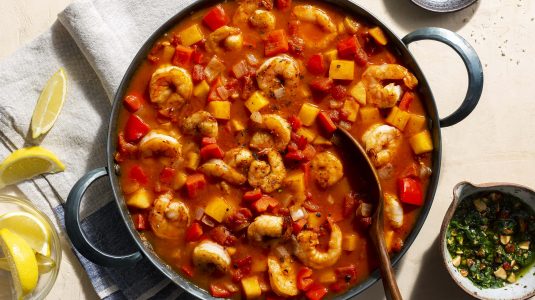 catalan shrimp zarzuela with almond parsley picada