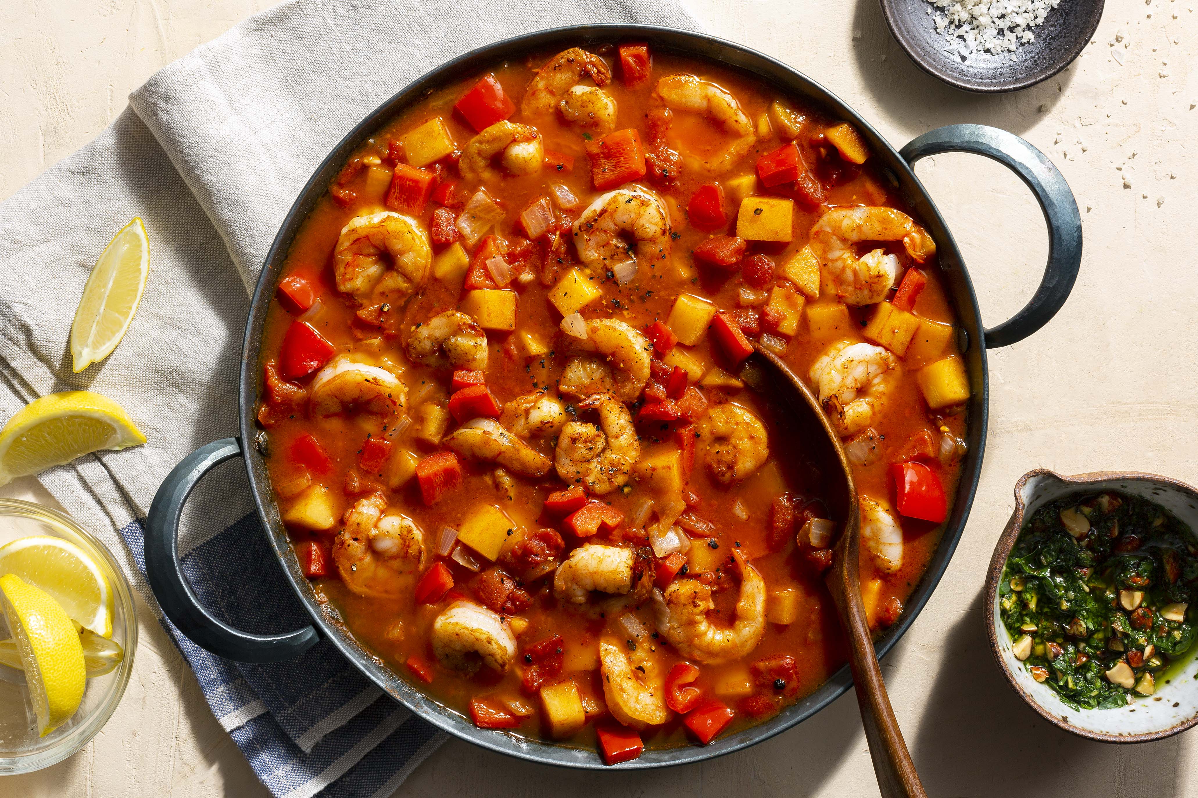 catalan shrimp zarzuela with almond parsley picada
