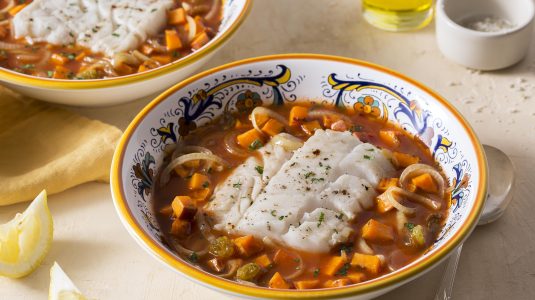 poached cod in tomato broth with sweet potato