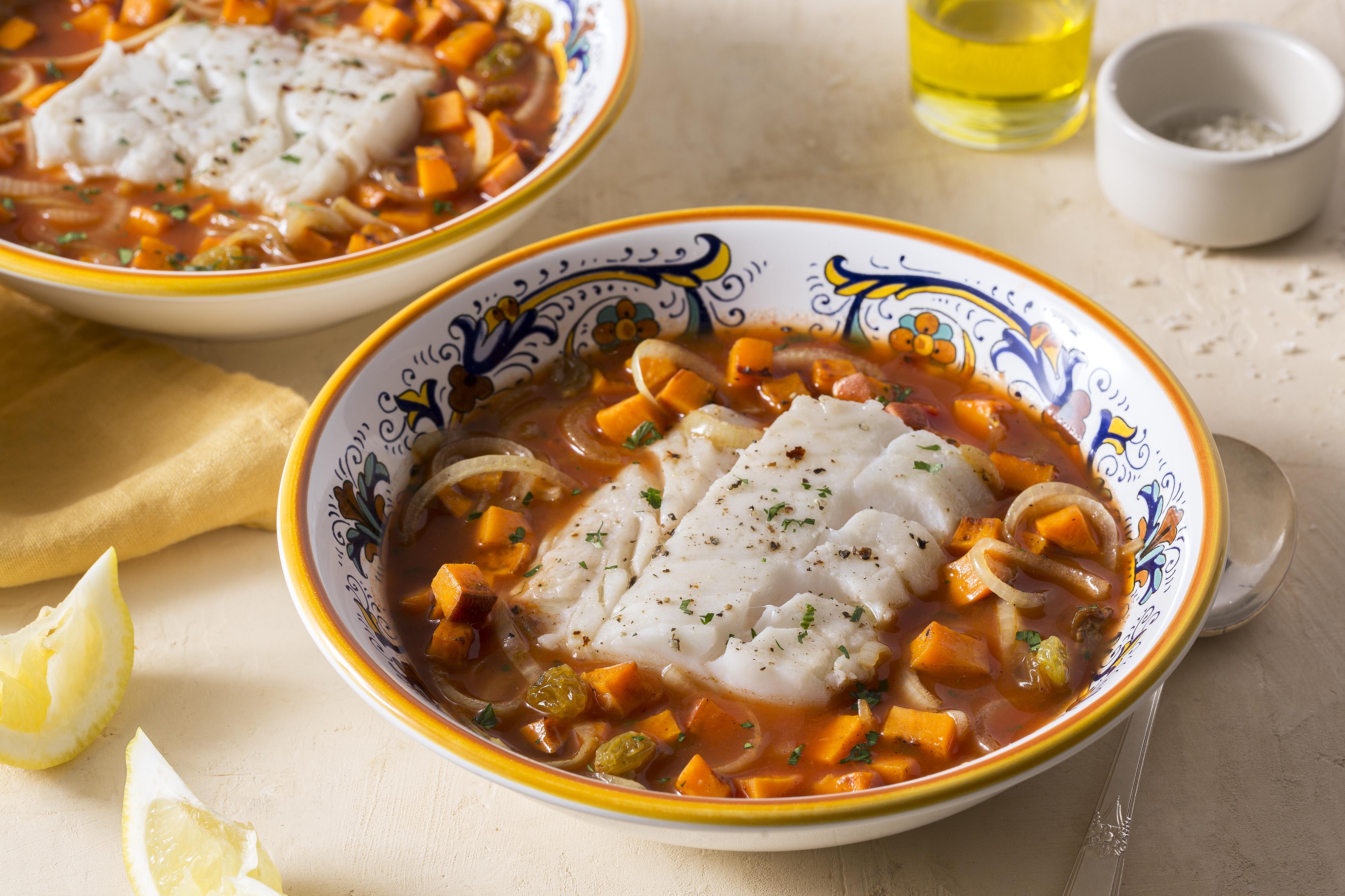 poached cod in tomato broth with sweet potato