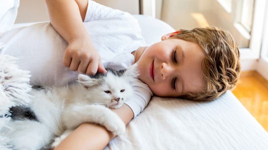 little boy relaxing on the bed with his small cat