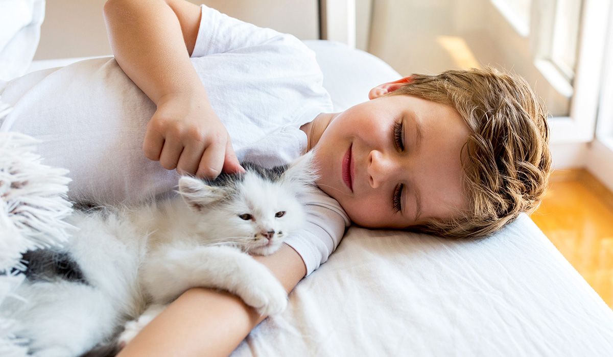 little boy relaxing on the bed with his small cat
