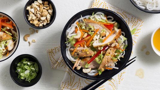 chicken and rice noodle salad with citrus sesame dressing
