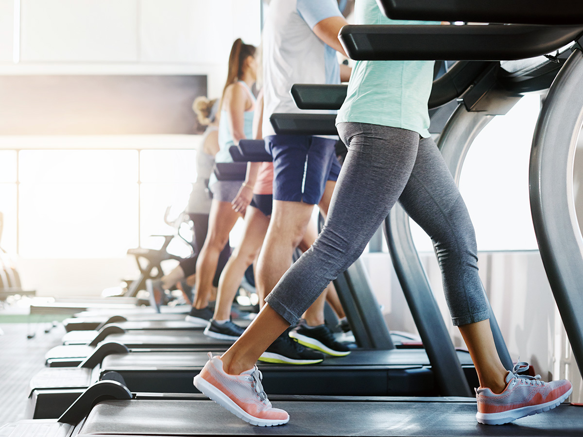 A group of people exercising on treadmills in a gym
