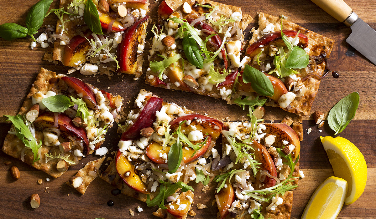 Charred Peach and Feta Flatbreads with Frisée Salad - Good Neighbor Pharmacy