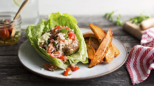 Lettuce-Wrapped Turkey Burgers Tomato Relish Sweet Potato Fries