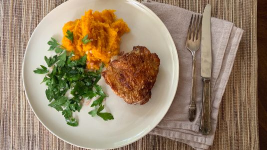 Spiced chicken thighs with curried mashed butternut squash