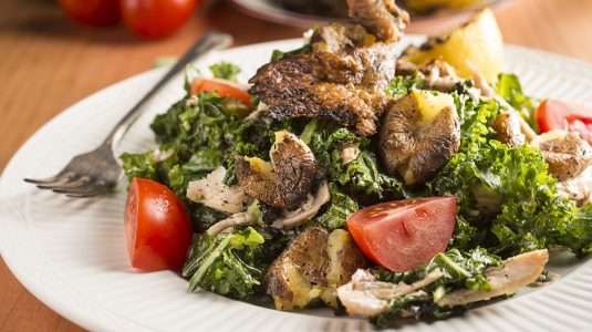 Grilled Kale Salad with Chicken, Tomato, Chicken, Lemon and Potato