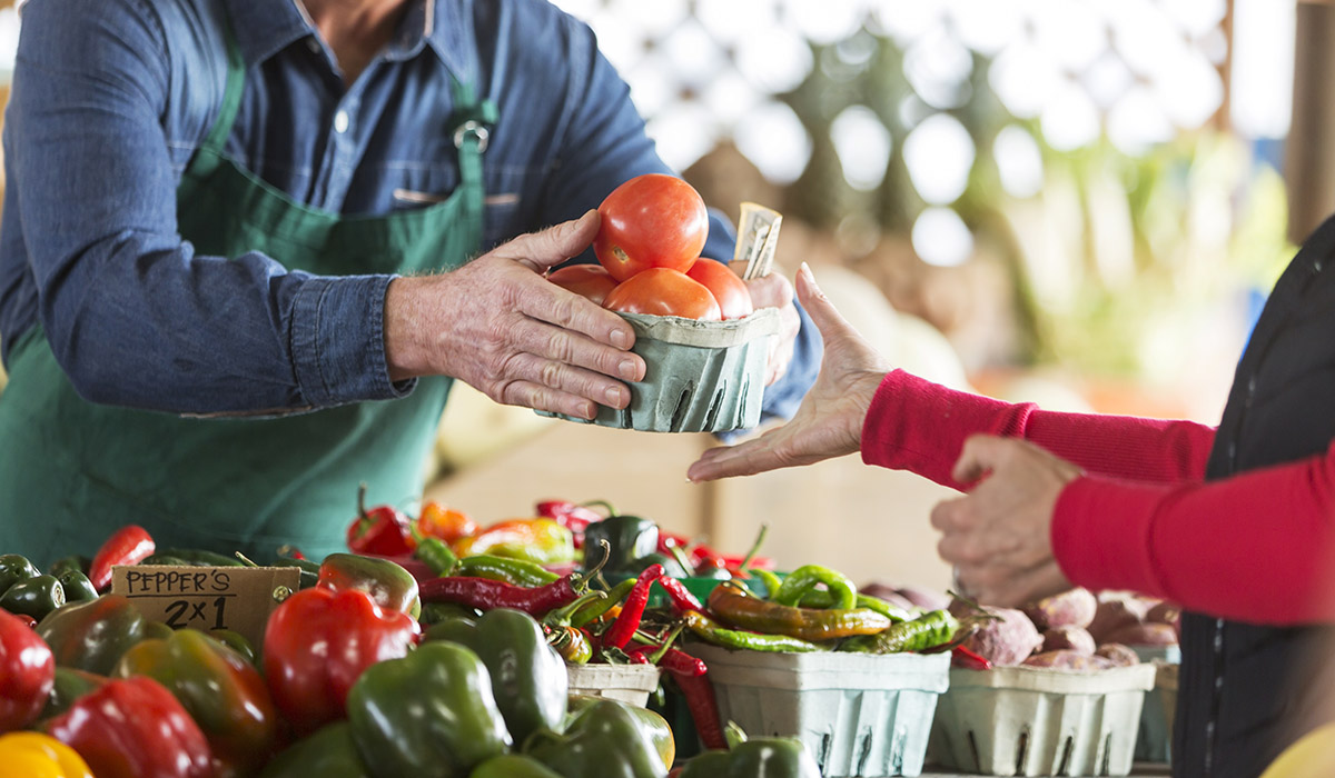 A person buying a fresh basket of tomatoes at a farmer's market