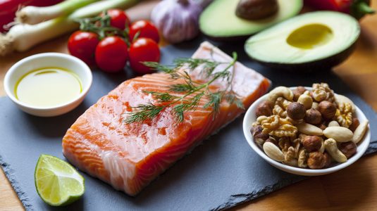 Salmon fillet, avocado, nuts, and tomatoes