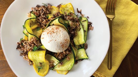 Warm Zucchini Ribbons with Rice and Burrata Cheese