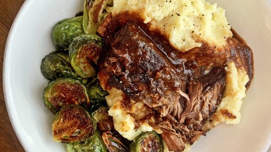 Braised Brisket With Mashed Potatoes and Brussels Sprouts
