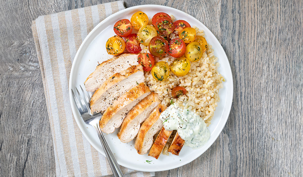 Grilled Chicken Breasts with Cucumber Tzatziki, Brown Rice, and